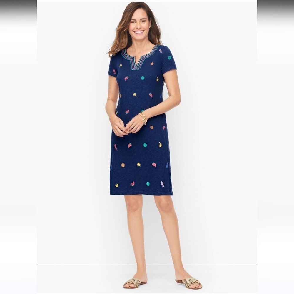 Talbots Navy with Colorful‎ Embroidered Summer Print 100% Cotton Shift Tee Dress